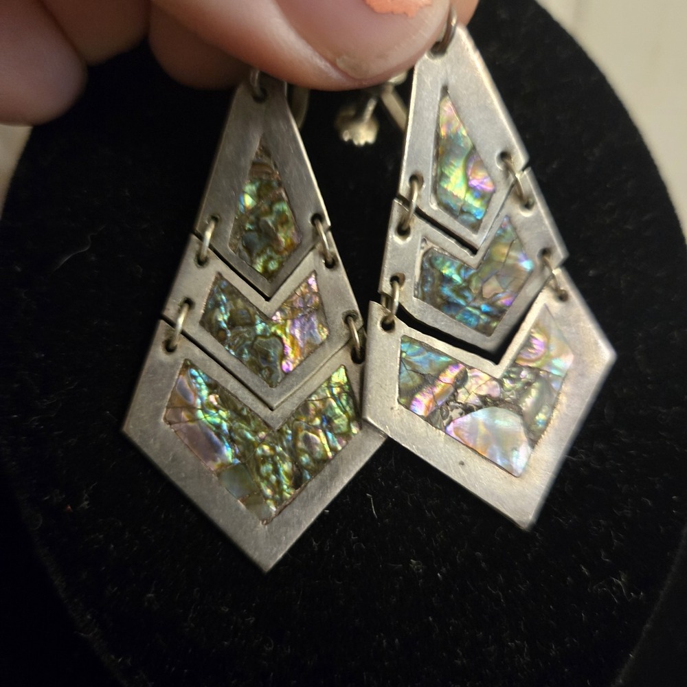Sterling Silver 925 Abalone Dangle Screw Earrings Mexico Iridescent VTG Petina